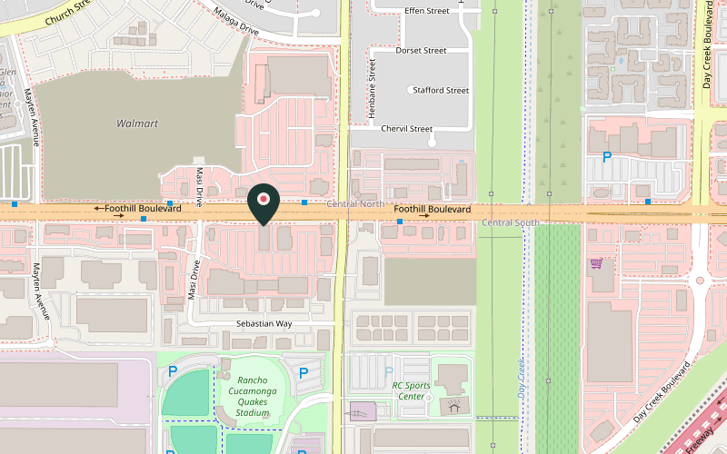 Map showing the location of Taco Hut in Rancho Cucamonga, California
