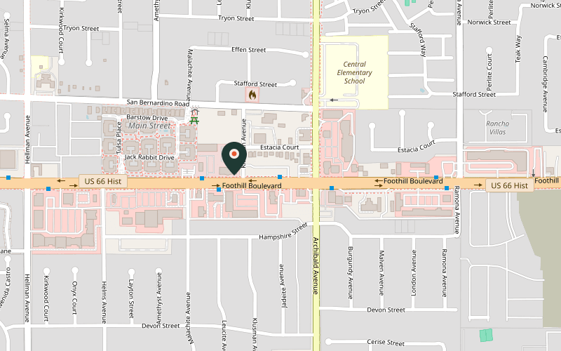 Map showing the location of Thai Diamond Bar.B.Q. in Rancho Cucamonga, California