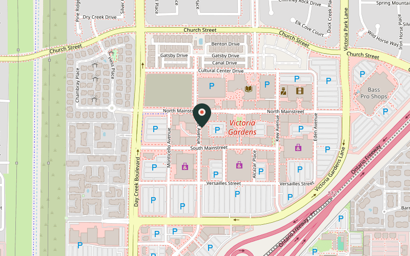 Map showing the location of THE CUT Modern American Eatery & Bar in Rancho Cucamonga, California
