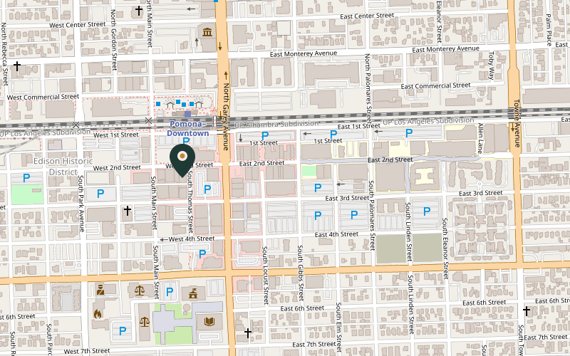 Map showing the location of The Glass House at 200 W 2nd St, Pomona