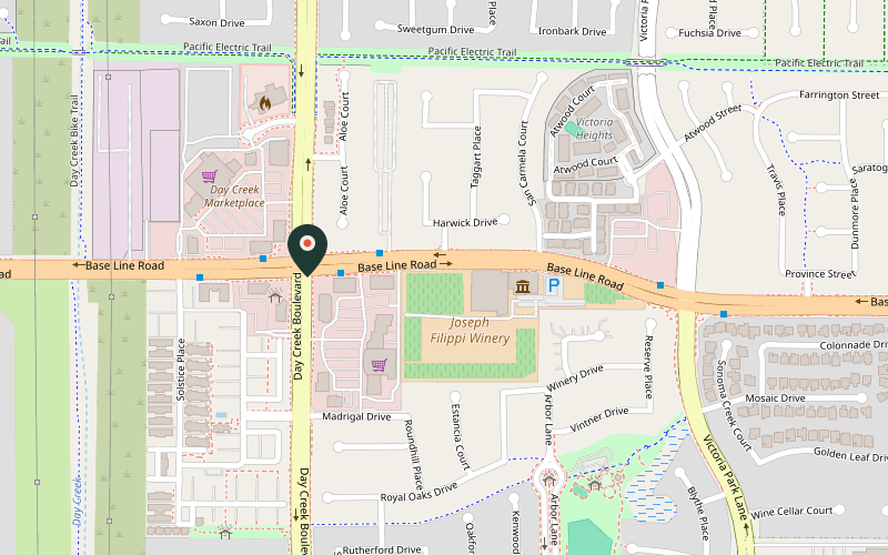 Map showing the location of Tio's Mexican Restaurant in Rancho Cucamonga, California