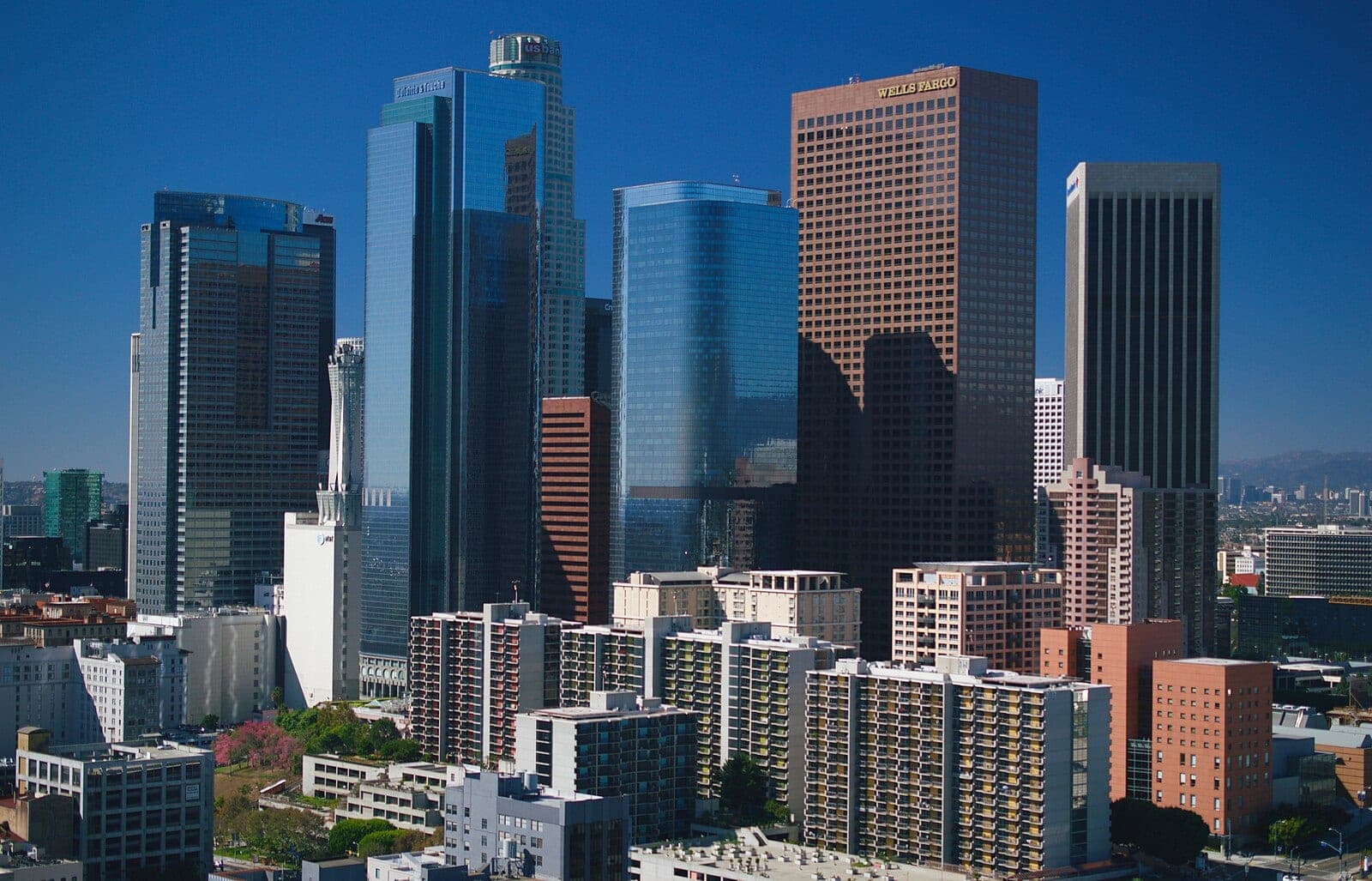 The downtown Los Angeles skyline on a clear day